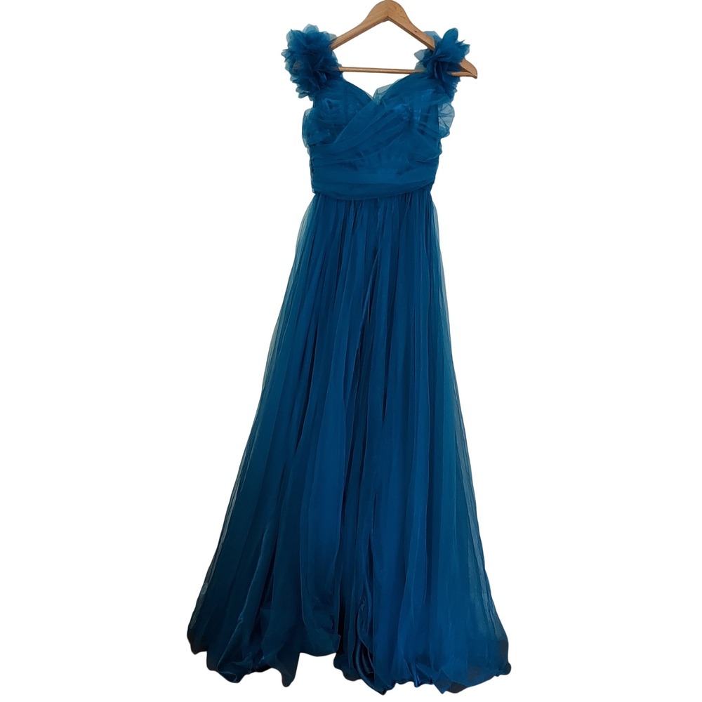 FAERIESTY Teal Blue Tulle Fairycore Gown Lace Up Back Ruffle Shoulder Dress M